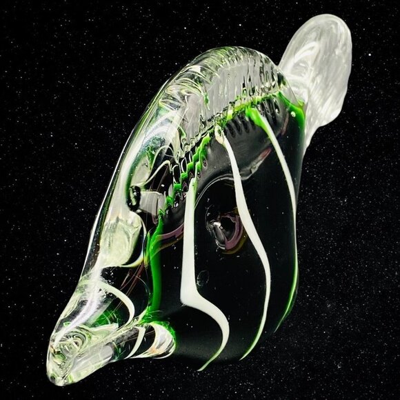 Vintage Art Glass Stripped Green Fish Paperweight Figure 2.5”T 6”W - Picture 2 of 7